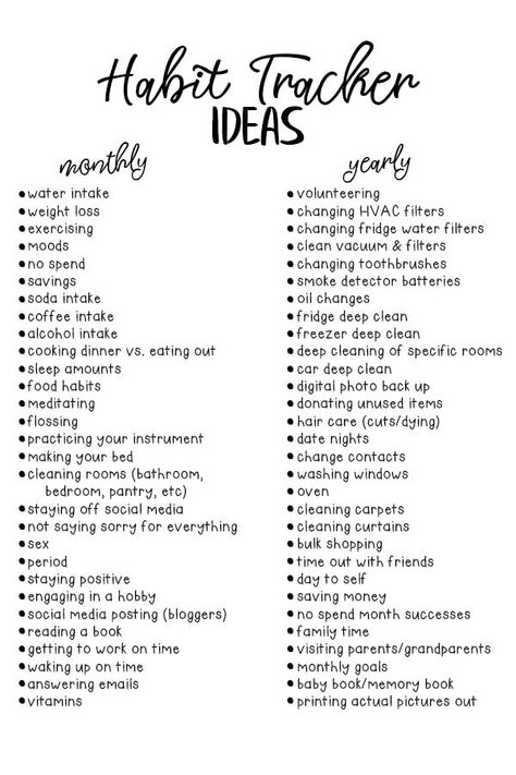 Habit Tracker Bullet Journal Ideas - Download this as part of a set of free monthly and yearly habit tracker bullet journal pages. It also includes a list of free bullet journal tracking ideas. #planneraddict #plannerlove #happyplanner #bujo Bullet Journal Meal Plan, Notesbog Design, Yearly Tracker, Bullet Journal Tracking, Habit Tracker Ideas, Printable Bullet Journal, Monthly Tracker, Printable Habit Tracker, Tracker Bullet Journal