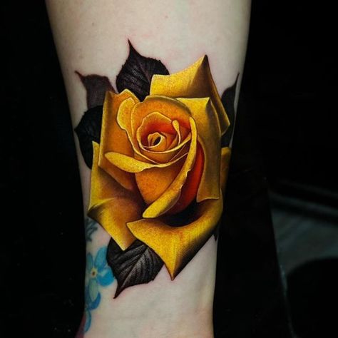 Black And Yellow Rose Tattoo, Golden Rose Tattoo, Yellow Roses Tattoo, Yellow Rose Tattoo, Vertical Tattoo, Roses Tattoos, Realistic Flower Tattoo, Yellow Rose Tattoos, Browning Tattoo