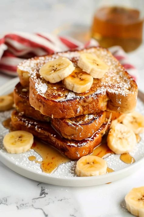 This banana french toast recipe brings a sweet twist to your morning routine! Featuring thick brioche soaked in banana-cinnamon batter, it's drool-worthy. Sweet Toast Recipes, Banana Bread French Toast Recipe, French Toast Aesthetic, Banana French Toast Recipe, French Toast With Bananas, French Toast Banana, Breakfast Menu Ideas, French Toast Cinnamon, Fresh Toast