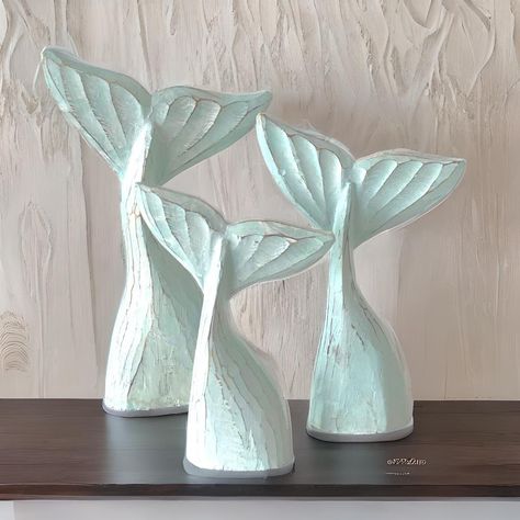 Beach House Coastal Decor Whale Tails|Set of 3 Bring a soothing and classic coastal touch to your home with this gorgeous set of 3 whale tails. Hand carved from sustainable reclaimed timber with a distressed paint finish in pale mint green to make these as friendly to the environment as they are to your home. Style with other coastal accents to create a unique and stylish decor feature in your beach house or coastal home. Measure 34/29/25 cms high approximately. As these are handcrafted from nat Coastal Foyer, Classic Beach House, Beach House Coastal, House Coastal, Pale Mint Green, Classic Coastal, Coastal House, Reclaimed Timber, Whale Tail