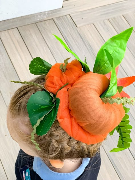 Kids Crazy Hair Day Ideas Halloween, Pumpkin Hair Bun, Crazy Hair Day Halloween, Halloween Crazy Hair, Hat Hair Ideas, Crazy Hair For Kids, Apple Hair, Halloween Pumpkin Patch, Halloween Scenes