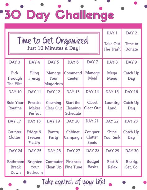 30 Day "Time to Get Organized" Challenge - Take back control of your hectic life with this 30 day challenge. Clear the clutter, get organized and stay in control. Just 10 minutes a day to a more organized life! Clutter, finances, routines, cleaning, meal plans and more! More Organized Life, Organize Life, Clear The Clutter, Organizing Life, Organizing Challenges, 1000 Calories, Deep Cleaning Tips, Organized Life, Printables Free