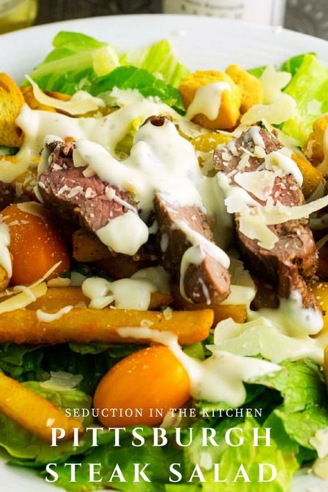 Steak Salad With Fries, Steak And Fries Salad, Pittsburgh Steak Salad, Steak Salad Recipes, Salad Steak, Pittsburgh Food, Steak Salad Recipe, Best Salads, Steak Salad