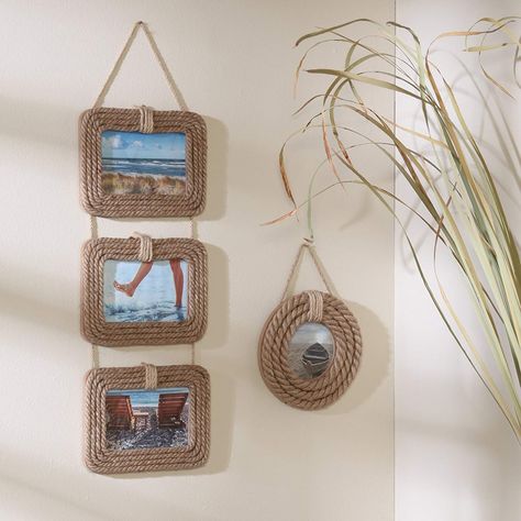 Jute and nautical rope frames. Beach and coastal inspired photo frames as memory keepers for favorite family and vacation photos. DIY seashell and rope projects. Diy Rope Design, Cadre Photo Diy, Diy Decoration Ideas, Wall Picture Frame, Rope Wall, Rope Projects, Rope Frame, Rope Decor, Rope Diy