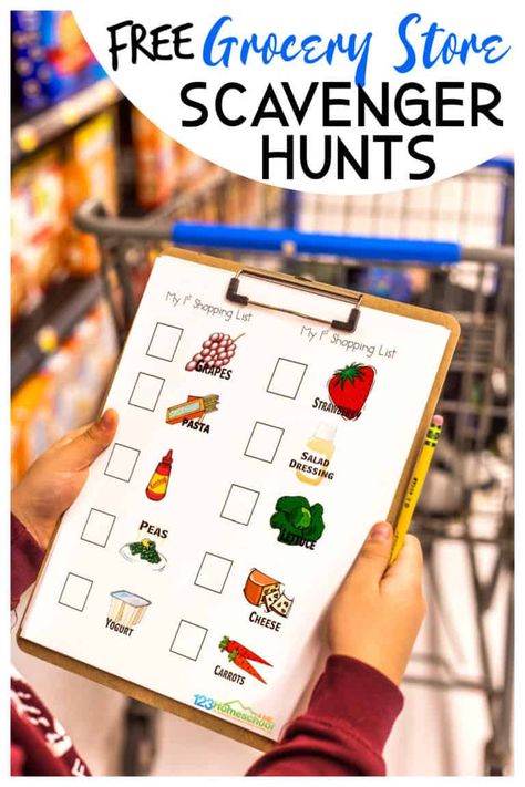 Grocery Store Scavenger Hunt, Store Scavenger Hunt, Kids Grocery Store, Grocery Store List, Grocery Store Dramatic Play, Treasure Hunt For Kids, Grocery Store Items, Grocery List Printable, Scavenger Hunt For Kids