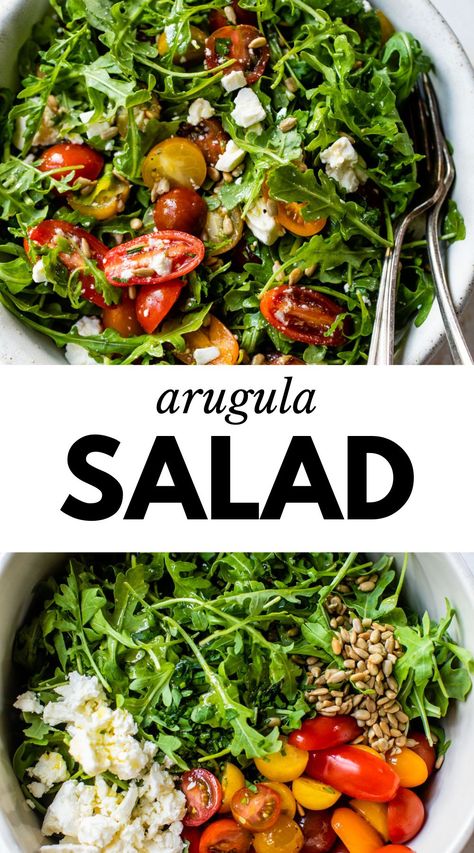 This simple Arugula Salad recipe is made with arugula, tomatoes and feta cheese. It pairs well with almost anything, comes together in about 5 minutes and will quickly become your go to side dish. Arugula Cucumber Tomato Salad, Keto Arugula Recipes, Arugula Feta Salad Recipes, Simple Arugula Salad Recipes, Arugula Salad With Feta Cheese, Salads With Arugula, Arugala Recipes Salad, Argula Recipes Salad, Arugula Salads