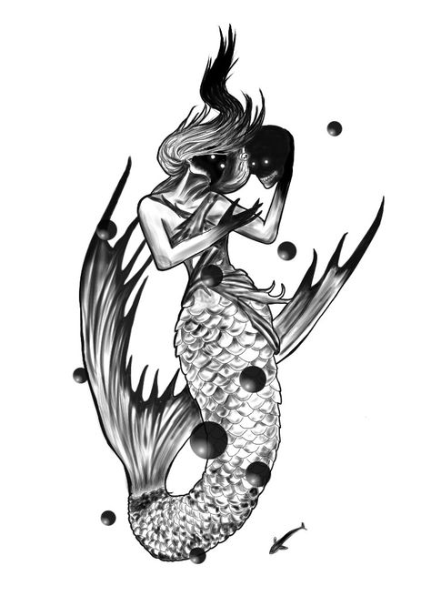 Goth Mermaid Drawing, Siren Pinup Tattoo, Mermaid Holding Skull Tattoo, Scary Mermaid Drawing, Scary Siren Drawing, Scary Mermaid Tattoo, Goth Mermaid Tattoo, Dark Siren Tattoo, Evil Siren Tattoo