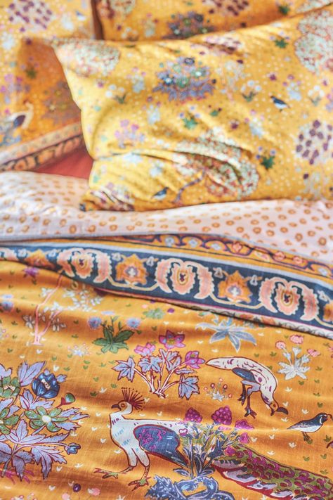 Darby Duvet Cover | AnthroLiving Yellow Bedspread, Vibrant Bedding, Eclectic Decor Bedroom, Anthropologie Bedding, Yellow Comforter, Duvet Covers Yellow, Patterned Duvet, Colorful Bedding, Orange Bedding