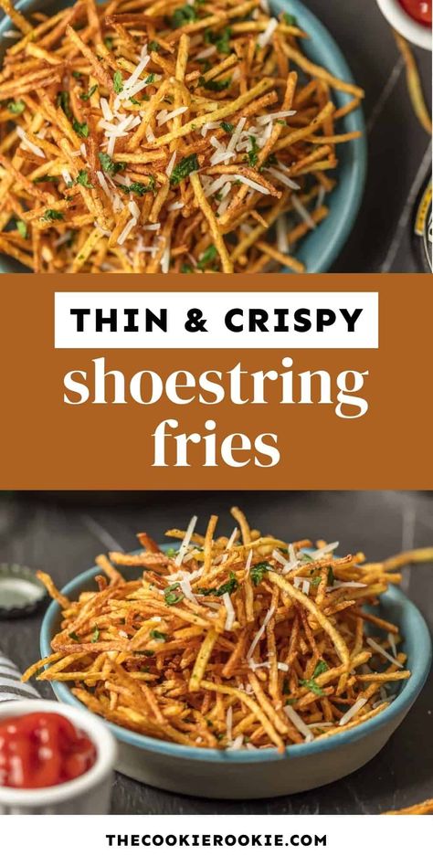 Shoestring fries are my favorite side. These shoestring potatoes are crispy, customizable, and of course, delicious! Asian Fries Recipe, Shoestring Fries Air Fryer, Shoe String Fries, Shoestring Potatoes, Wing Party, Shoestring Fries, Beautiful Meals, College Recipes, Fried Potatoes Recipe