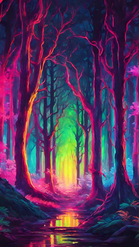 Neon Trippy Wallpaper, Psychadelic Wallpaper Aesthetic, Colorfully Wallpaper, Psychadelic Art Patterns, Trippy Patterns To Paint, Blacklight Painting, Neon Illustration, Lofi Art, Rainbow Forest