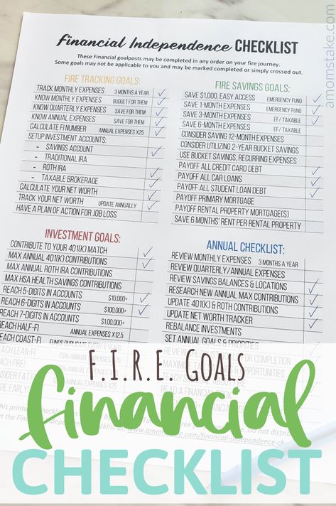 Grab this free Financial Independence Checklist printable to help you track your F.I.R.E. (Financially independent, retire early) goals. This worksheet includes milestones and goals along the way with help and guidance on how you can reach your savings and investment goals and reminders to track your progress to help motivate you and your finances to reach your goals of retiring early! Financial Goals Planner, Financial Goals Ideas Personal Finance, Checking And Saving Account Goals, Annual Financial Checklist, Financial Goals For 2024, Retire Early Financial Independence, Financial Goals For Your 20s, Financial Goals Template, 2024 Financial Goals