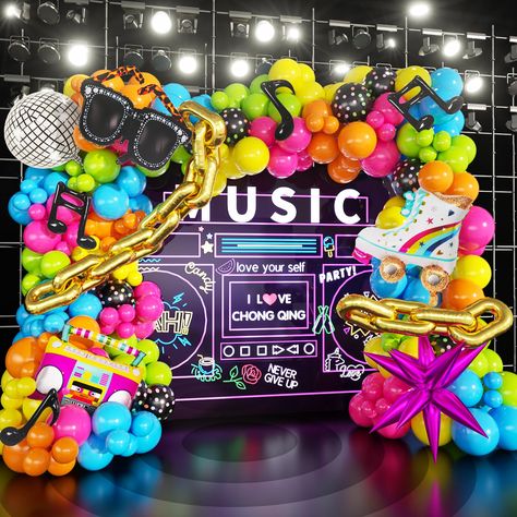 PRICES MAY VARY. 【171 Pcs Back to the 80s 90s Balloon Arch】Includes the following 171 pcs balloons in different sizes 5"10"12", you have enough balloons to make a huge balloon arch! We chose green blue hot pink as Palette for the theme, Add 28pcs foil 80s 90s Themed Balloon lets you create a cheerful and vibrant atmosphere, perfect for 80s 90s themed party. 【Iconic milestones and versatile celebrations】It's your go-to choice for a wide range of occasions, including 80s 90s birthday party decorat Hip Hop Balloon Garland, 1980 Party Ideas Decoration, 80s Theme Pool Party, 80s Theme Backdrop, Rave Theme Party Decorations, 90s Decorations Party Ideas, 80s Balloon Arch, Mtv Themed Party, Old School Birthday Party Ideas