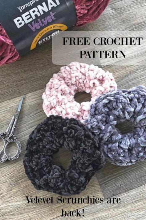 Free Crochet Pattern! Crochet these fun Velvet Hair Scrunchies in this Quick and Easy Crochet Pattern. Scrunchie Crochet Pattern, Scrunchie Crochet, Easy Knitting Projects, Crochet Geek, Pola Amigurumi, Crochet Hair Accessories, Velvet Scrunchie, Crochet Vintage, By Regina