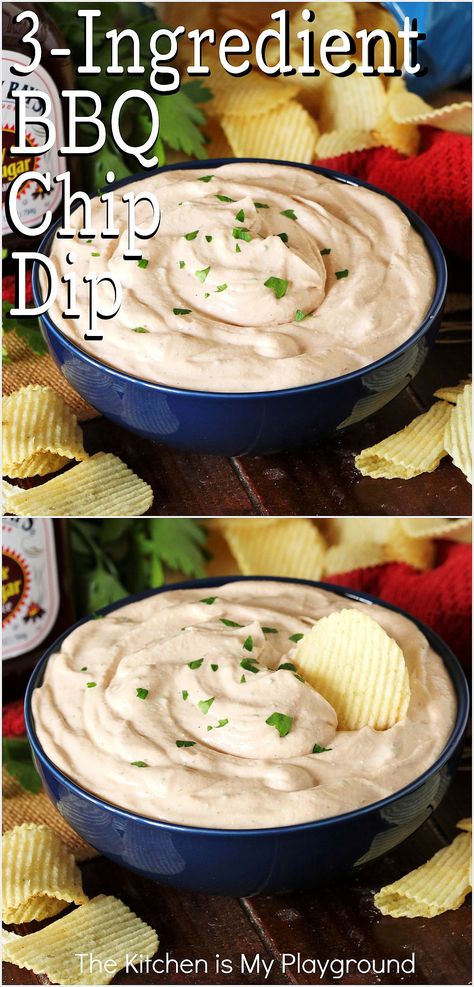 Bowl of BBQ Chip Dip surrounded by potato chips Lawson's Chip Dip Recipe, Sheet Pan Dips, Bbq Cheese Dip, Salsa Dips For Parties, Dips For Chips Recipes, Quick Chip Dip, Simple Chip Dip, Easy Dips 3 Ingredients, Chips And Dip Recipes