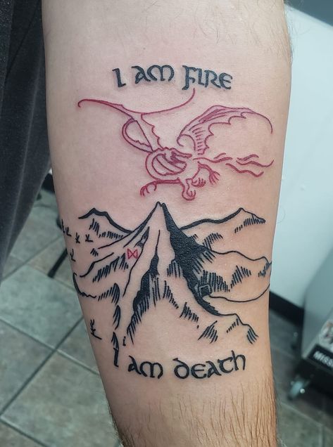 Smaug Tattoo Design, Dragon Lotr Tattoo, Poetry Quotes Tattoo, Hobbit Dragon Tattoo, Smaug Tattoo Hobbit, The Hobbit Tattoo Ideas, Smaug Dragon Tattoo, I Am No Man Tattoo, Hobbit Tattoo Ideas