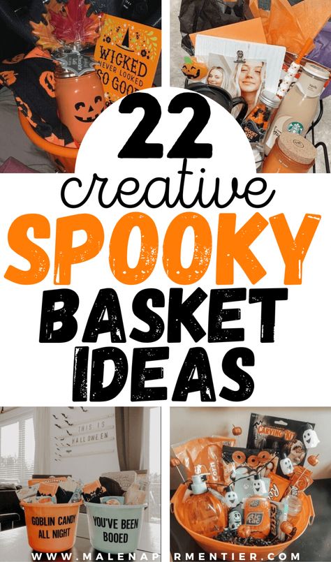 Spooky Basket Ideas, Halloween Treat Baskets, Man Home Decor, Diy Halloween Gifts, Spooky Basket, Porch Halloween, Spooky Halloween Gifts, Fall Gift Baskets, Halloween Themed Gifts