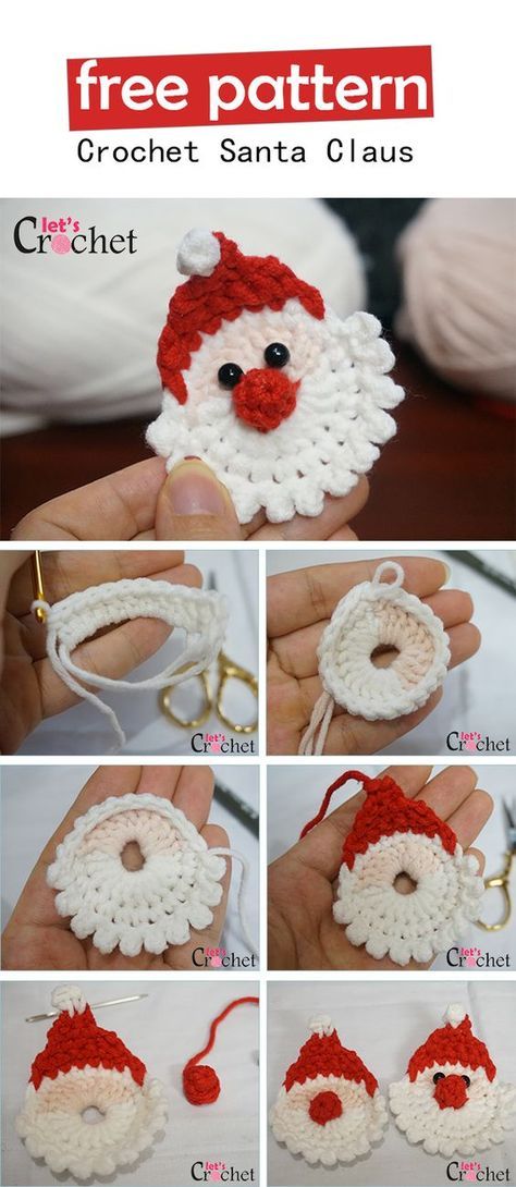 Santa Claus Christmas Hanging Decoration Free Crochet Pattern Crocheted Santa, Corak Krusye, Santa Applique, Crochet Christmas Ornaments Free, Crochet Santa, Crochet Xmas, Quilled Creations, Crochet Christmas Decorations, Christmas Applique