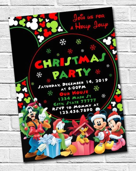 Last but not least we have a magical Christmas party invitation that spreads some holiday cheer and lots of happiness. Just what you need this holiday season for the ultimate Mickey Mouse Christmas party! See more parties and share yours at CatchMyParty.com #catchmyparty #partyideas #Mickeymouseparty #mickeymousepartyinvitation #mickeymouseinvitation #boybirthdayparty #mickeymousechristmasinvitation Disney Christmas Party Invitations, Mickey Mouse Christmas 1st Birthday, Mickey Christmas Birthday Party, Disney Theme Christmas Party, Mickey Mouse Christmas Birthday Party, Mickey Mouse Christmas Party, Mickey Christmas Party, Mickeys Christmas Party, Disney Christmas Party