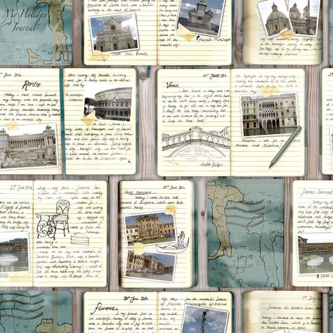 Diary Collage, Collage Pattern, Venice Photos, Travel Journal Scrapbook, Travel Art Journal, Travel Sketchbook, Italy Venice, Travel Log, Travel Wallpaper