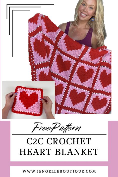 Crochet blanket with red hearts and a pink base color. C2c Crochet Heart Pattern Free, Crochet Heart Square Pattern, C2c Heart Blanket Pattern, Hugs And Kisses Crochet Blanket, Heart Granny Square Blanket, Heart Blankets, Heart Blanket Crochet Pattern, Heart Blanket Pattern, Heart Crochet Pattern