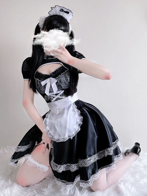 Maid Dress Cosplay Dress Sets Lace Piping Paneled 100%Polyester Size Chart Maid Outfit Cosplay, Halloween Black And White, Tube Top And Skirt, Dress Apron, Lace Panel Dress, Maid Cosplay, Made Dress, Maid Outfit, Kawaii Fashion Outfits