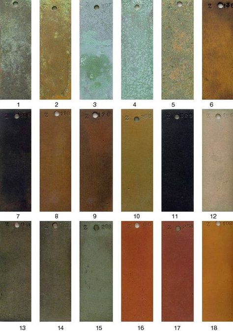 Bronze Patina Color Chart | PATINA FINISHES:: Copper Colour Palette, Cardboard Cat, Patina Paint, Metal Facade, Patina Metal, Patina Copper, Copper Paint, Metal Cladding, Patina Color