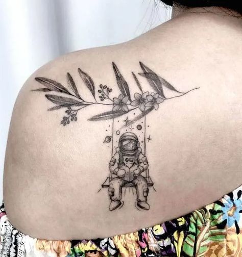 Astronaut Swinging On Moon Tattoo, Sunflower Space Tattoo, Astronaut Skeleton Tattoo, Astronaut Flowers Tattoo, Plant And Space Tattoo, Flower And Space Tattoo, Floral Space Tattoo, Space Shoulder Tattoo, Space Flower Tattoo