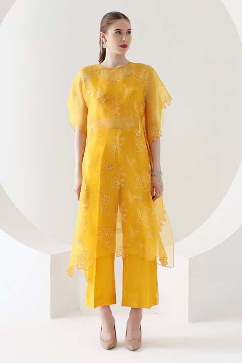 Shop for these amazing collections of Yellow Organza Embroidery Thread Work Alexa Blossom Kaftan With Pant For Women by Mehak Talreja Couturre online at Aza Fashions. Organza Kaftan, V Neck Kaftan, Embroidery Thread Work, Kaftan Pattern, Kaftan For Women, Organza Embroidery, Kaftan Designs, Dhoti Pants, Pant For Women