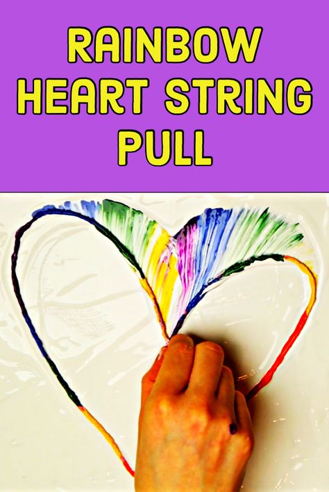 Painting With Yarn On Canvas, Painting Rainbows On Canvas, Painting With String Pull, String Painting For Kids, Acrylic Paint Projects, String Painting Pulled Diy, String Pulling Acrylic Painting, Easy Rainbow Painting, Beginner Acrylic Painting Tutorials