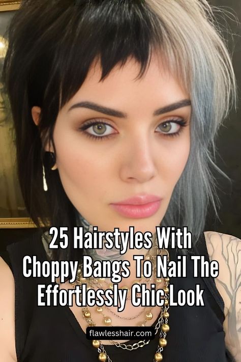 Split Color Choppy Bangs Uneven Bangs, Edgy Bob Hairstyles, Edgy Bangs, Cute Bangs, Split Dyed Hair, Messy Bob Hairstyles, Choppy Bangs, Rock Hairstyles, Edgy Haircuts