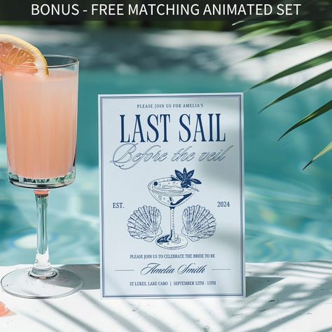 It's her last sail before the veil! 🍸🛳💍 Time to celebrate with this ocean inspired bach social club bachelorette weekend itinerary, for a hens party getaway like no other! This nautical bachelorette party invite set is easy to edit, ready for your sailor themed bachelorette party. Planning a sailing bachelorette party weekend for the beach loving bride to be just got easier! With these stunning bach social club themed bachelorette invitation & bachelorette weekend itinerary editable templa... Sea Bachelorette Party, Ocean Bachelorette Party Beach Themes, Yacht Club Bachelorette, Beach Club Bachelorette Theme, Hamptons Bachelorette Party Theme, Social Club Bachelorette, Boat Day Bachelorette Party, Seaside Bachelorette Party, Bachelorette Party Themes Beach