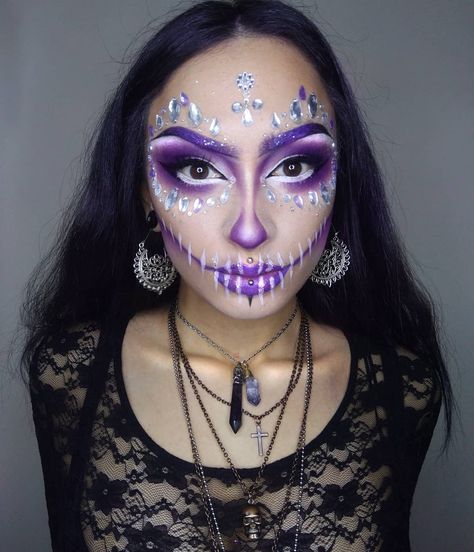 My makeup for a Day Of The Dead themed night doing some glitter work for @thegypsyshrine the other day! I really loved this makeup, despite… Purple Skull Makeup, Day Of The Dead Makeup, Makeup Purple, Dead Makeup, Purple Skull, Purple Day, Skeleton Makeup, Sugar Skull Makeup, Halloween Tags