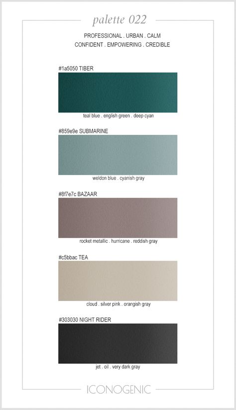 Business color palette by Iconogenic. Teal, Greige, Oil. Teal And Gray Color Scheme, Office Color Scheme Business Green, Teal Taupe Color Palette, Teal Accent Colors Colour Palettes, Teal Blue And Grey Bedroom, Teal Green Grey Color Palette, Grey Turquoise Color Palette, Petrol Blue Color Palette, Teal Colour Palette Living Rooms