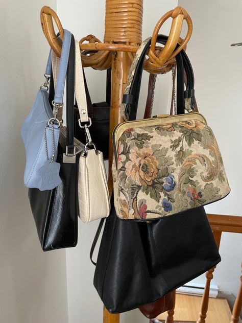 Thrifted bag collection. Everything is secondhand! Thrifted Purses, Thrift Accessories, Nyc Thrifting, Thrift Bags, Thrifted Bags, Thrift Manifest, Vintage Outfits Aesthetic, Thrift Manifestation, Thrift Aesthetic