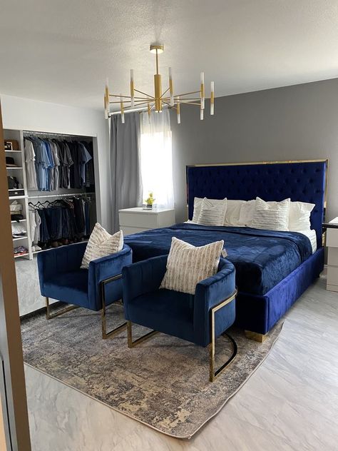 Navy Gold Bedroom, White Gold Bedroom, Royal Blue Bedrooms, Grey And Gold Bedroom, Blue And Gold Bedroom, Navy Blue Bedrooms, Blue Headboard, Gold Bedroom Decor, Silver Bedroom