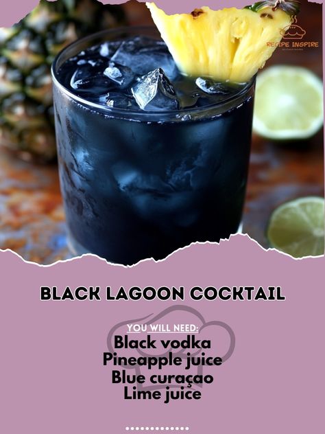 🖤🍸 Dive into the eerie depths of the Black Lagoon Cocktail—a chilling blend that’s perfect for Halloween thrills! 🌑👻 #BlackLagoonCocktail #HalloweenDrinks Black Lagoon Cocktail Ingredients: Black vodka (1.5 oz) Pineapple juice (2 oz) Blue curaçao (1 oz) Lime juice (1/2 oz) Ice (as needed) Instructions: Mix black vodka, pineapple juice, and lime juice in a shaker with ice. Strain into a glass and float blue curaçao on top. 🖤🍸 The Black Lagoon Cocktail is a spooky delight that will add a my... Black Vodka Drinks, Black Vodka, Bartender Drinks Recipes, Cocktails And Mocktails, The Black Lagoon, Halloween Cocktails, Vodka Drinks, Cocktail Ingredients, Party Food And Drinks