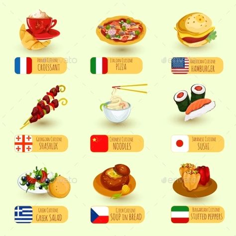 World Food Set by macrovector | GraphicRiver Foods Around The World, Carrot Salad Recipes, Around The World Food, Foreign Food, World Food, Global Cuisine, Global Recipes, World Recipes, Food Drawing