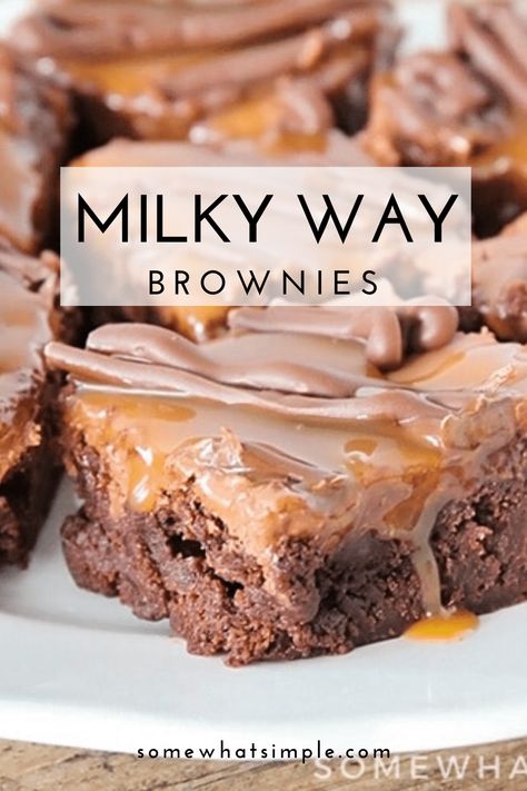 These Milky Way brownies are incredibly delicious and the perfect way to enjoy the flavors of your favorite candy bar in an amazing brownie. These brownies are rich and delicious and topped with caramel and milk chocolate. They're an indulgent treat for any chocolate lover! via @somewhatsimple Dessert Safari, Brownies Cake, Brownies Recipe Homemade, Brownie Desserts, Dessert Bar Recipe, Sweet Recipe, Brownies Recipe Easy, Best Brownies, Brownies Recipe