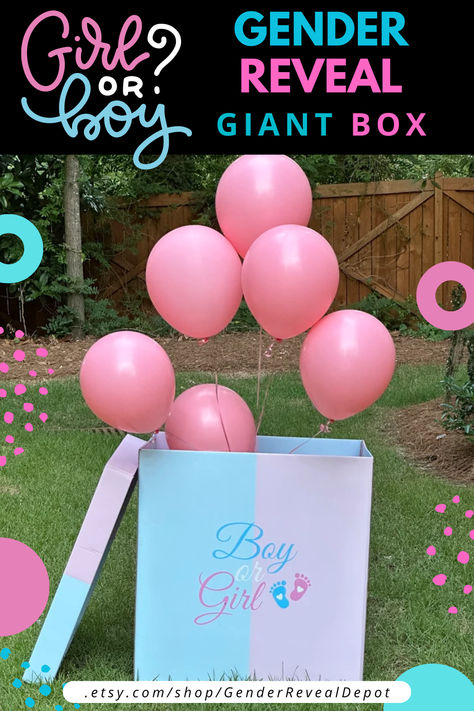 Giant Gender Reveal Box Gender Reveal Box Ideas, Reveal Outfits, Gender Reveal Outfits, Gender Reveal Box, Boy Gender Reveal, Gender Reveal Decorations, Banners Signs, Gender Reveal, Banners