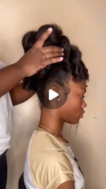 VoiceOfHair ®️ on Instagram: "There is beauty in simplicity 😍⁣⁣ ⁣⁣ Love this updo by @_lotsofbeauty on her daughter💕⁣Such a cute and classic style for her homecoming dance🥰 Her hair is so healthy and this style is  age appropriate 👏🏾⁣ ⁣⁣ Drop a ❤️ if you love it as much as we do✨ #voiceofhair⁣⁣ ⁣⁣ #updo #messybuns #kidshair #homecominghair #curlybun #ponytails #silkpress #hairtutorials #curlybun #bangs #bridalhairstyles #silkpressedhair #weddinghair" 90s Hair Updo Black Women, Low Bun With Swoop Natural Hair, Special Occasion Updos, Kids Updo Hairstyles For Weddings, Pin Curl Ponytail Updo Black Hair, Silk Press Natural Hair Styles Updo, Birthday Updo Hairstyles, Silk Press Updo Hairstyles, 90s Updo Black Women