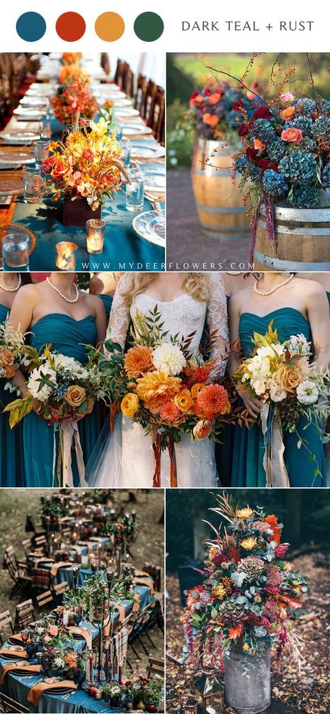 Dark teal blue and rust fall wedding color ideas - dark teal and dusty orange wedding colors #wedding #weddingideas #fallwedding #weddingcolors Teal Wedding Colors Schemes, Dark Teal Weddings, Rustic Barn Wedding Reception, Teal Wedding Colors, Orange Wedding Colors, Fall Wedding Color Schemes, Barn Wedding Reception, Perfect Dark, Simple Cake