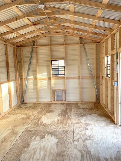 Unfinished shed building before shiplap and she shed finishing 10x16 Craft Shed Interior, Shed Lighting Ideas Interiors, She Sheds For Crafting, Shed Into Craft Room, She Shed Workshop Ideas, 12x16 She Shed Interior, She Shed Store Ideas, She Shack Ideas, She Shed Designs Interiors