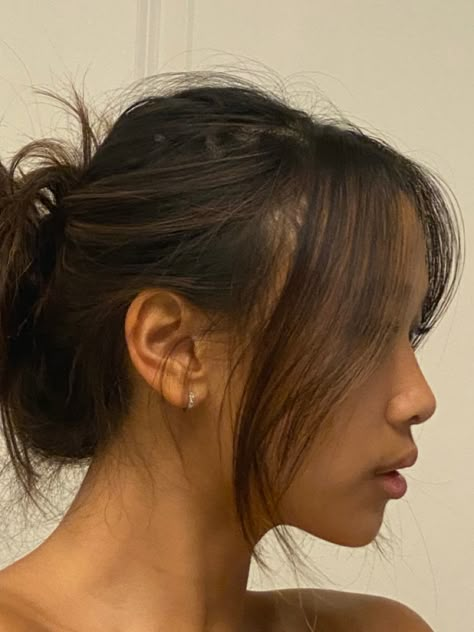 Double Buns Low, Haircuts For Working Women, Lowkey Curtain Bangs, Hair Up With Face Framing, Thick Hair Inspiration, Curtain Bangs To The Chin, Wispy Curtain Bangs Ponytail, French Braid With Curtain Bangs, Long Curtain Bangs With Glasses