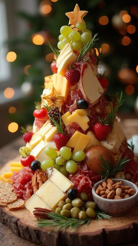 Charceturie Board Ideas Christmas, Christmas Charcutertree Board, Charcuterie Board Tower, Banana Bread Charcuterie Board, Food Wreath Ideas, Christmas Morning Breakfast Charcuterie Board, Christmas Chuterie Board, Christmas Chacutery Board Ideas Dessert, Wing Board Ideas