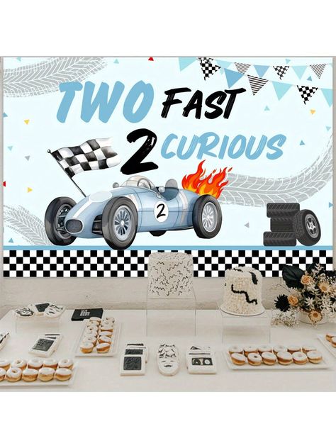 Birthday Background With Racing Theme, Retro Blue And Black "Two Fast 2 Curious" Banner, Party Decoration For Celebration, With Checkered Flags And Balloon Icons Multicolor    Polyester     Event & Party Supplies, size features are:Bust: ,Length: ,Sleeve Length: Two Fast Birthday Banner, Twin Boy Birthday Party Themes, 2 Birthday Theme Boy, 2nd Birthday Boy Themes Unique, 2 Fast 2 Curious Birthday, Two Fast 2 Curious, Two Fast, Icons Christmas, Racing Theme