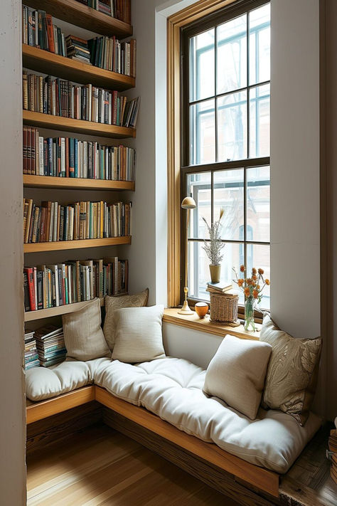 A modern reading nook with a window bench, plush cushions, and a full bookshelf - perfect for grown woman bedroom ideas. Attic Reading Nook, Cozy Home Library, Reading Nook Kids, Interiors Kitchen, Bedroom Nook, Cozy Reading Corners, Quiet Room, Library Room, House Aesthetic