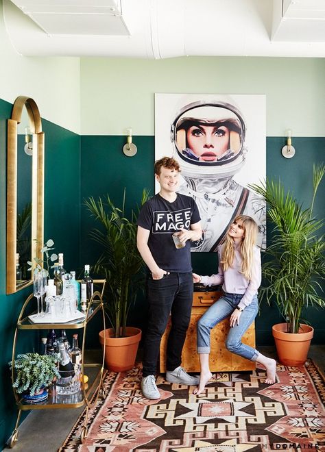 Carlson Young in her eclectic living room with two-tone forest green walls, a large astronaut print, a large gold mirror, and a rug Small Apartment Tour, Carlson Young, Two Tone Walls, Decor Ikea, Eclectic Bedroom, Eclectic Living Room, Dream Apartment, Bath Room, Green Rooms