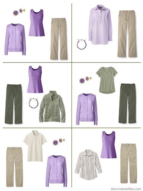 six suggestions for wearing lavender with beige or olive green Green And Purple Outfit, Green Outfits For Women, Olive Green Outfit, Lavender Outfit, Lavender Cardigan, Olive Clothing, The Vivienne Files, Vivienne Files, Color Combos Outfit