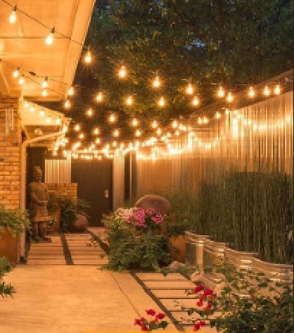 Garden Party Lighting Ideas, String Lights Bar, Hanging Backyard Lights, Backyard Festoon Lights, Twinkle Lights Garden, Backyard Hanging Lights, Backyard Twinkle Lights, Hanging Lights In Backyard, Backyard Lights String