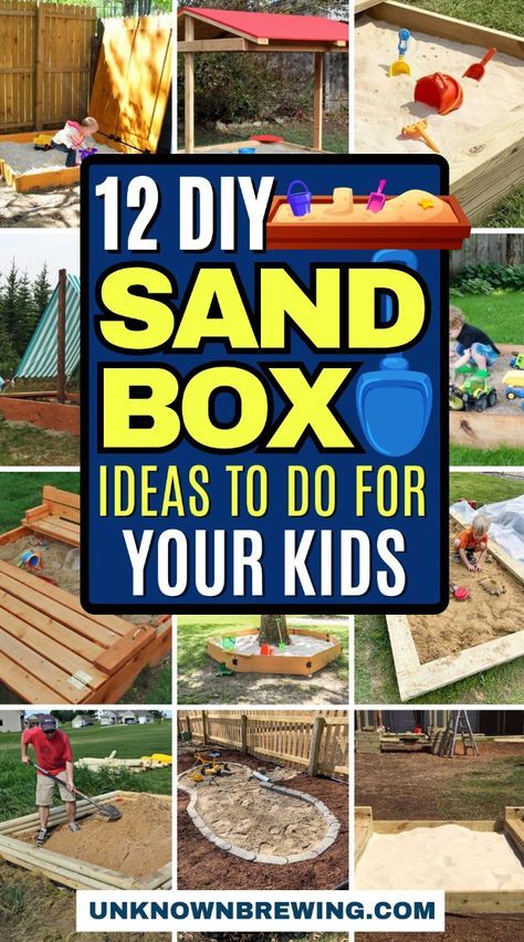 Keep your kids entertained and safe with these fun and covered sandbox projects. Sand Pit Backyard, Kids Sandbox Ideas Backyards, Sand Box Ideas Backyards, Outdoor Sandbox Ideas, Sand Pit Ideas, Diy Sand Box For Kids, Diy Sandbox With Cover, Diy Sandbox Ideas, Kid Forts